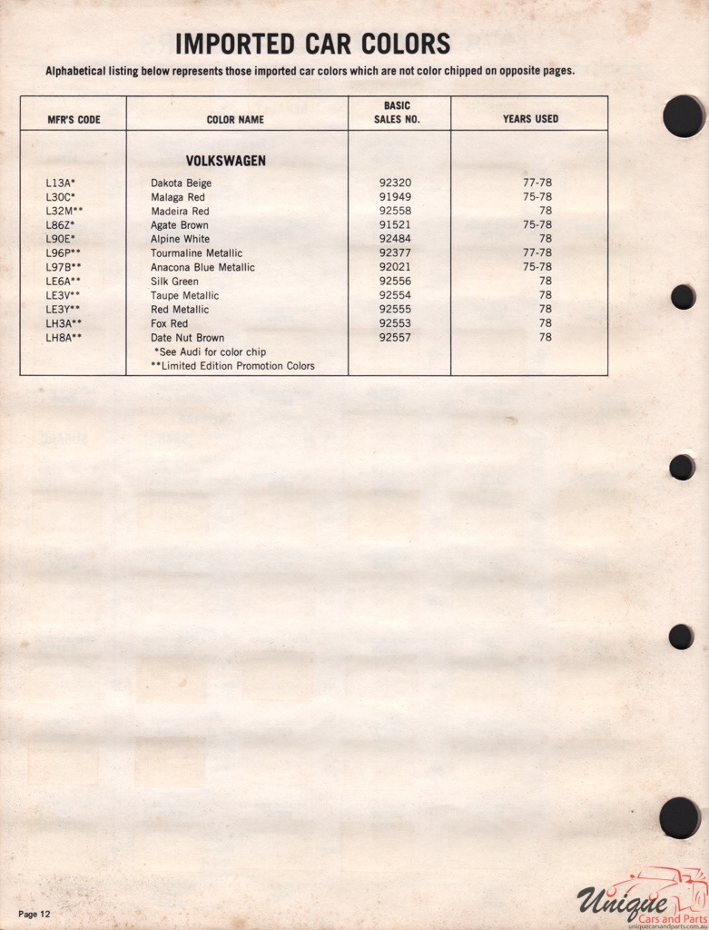 1978 Volkswagen Paint Charts Acme 2